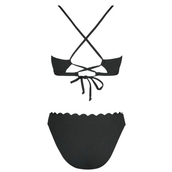 CUPSHE Womens 2PC Swimsuit M Black Scalloped V Neck Crisscross Tie Bikini - Picture 5 of 9